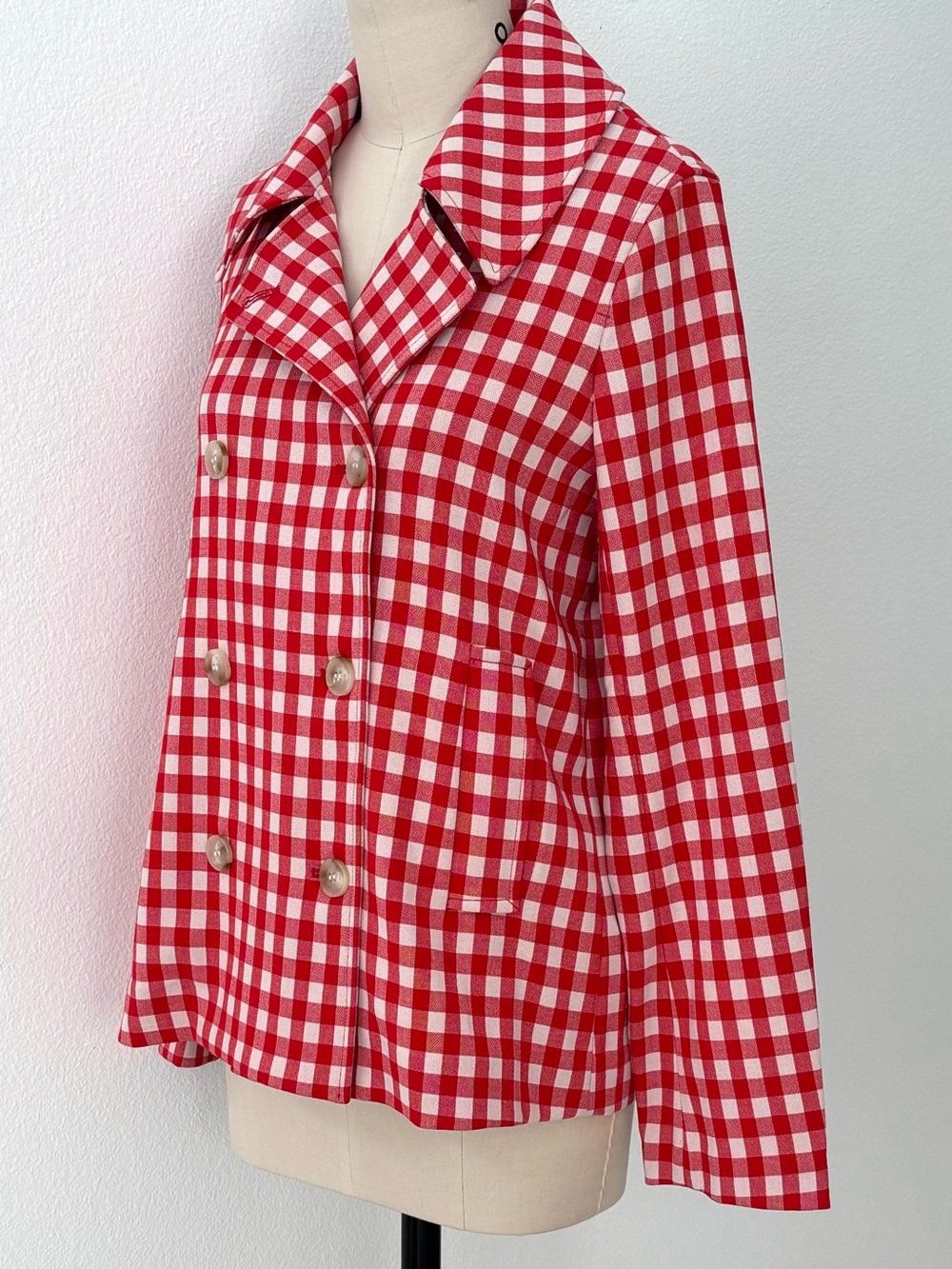 FRNCH Gingham Knit Double Breasted Jacket NWT Red & White Classic Preppy M - Picture 2 of 8